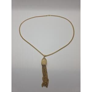 Vintage MONET Gold Tone Tassel Checkerboard Harlequin Long Chain Necklace 27”